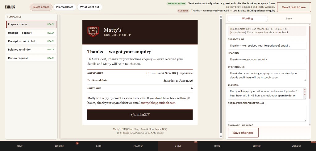 Matty's BBQ admin guest emails and branded receipt preview