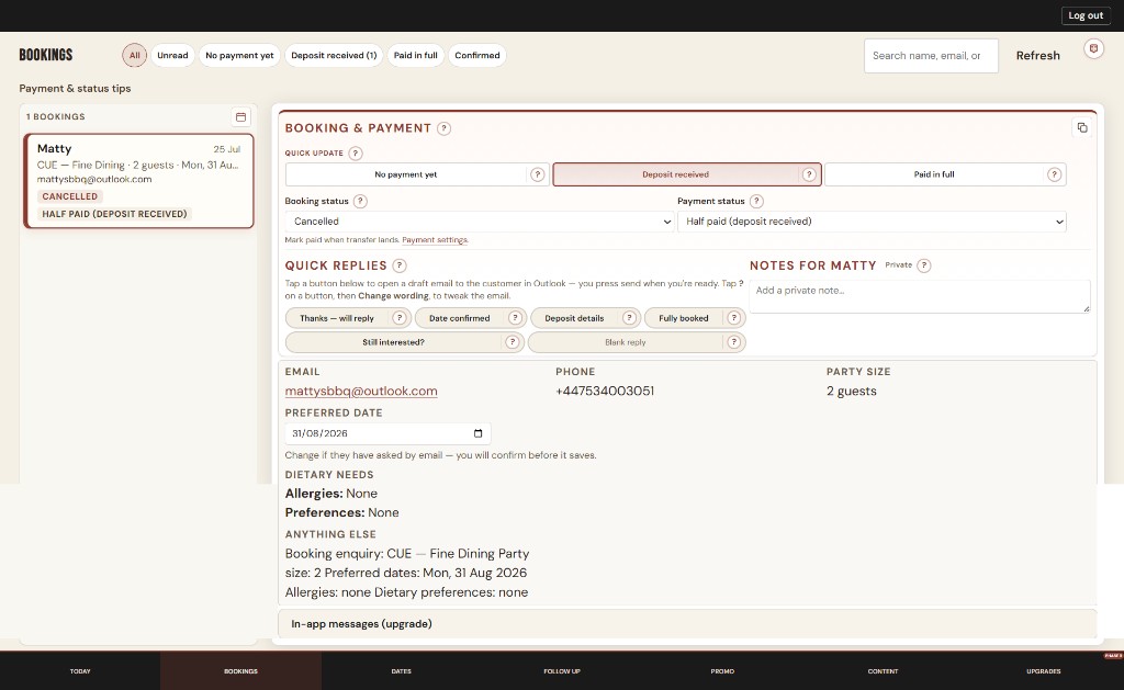 Matty's BBQ admin bookings with payment status and guest details