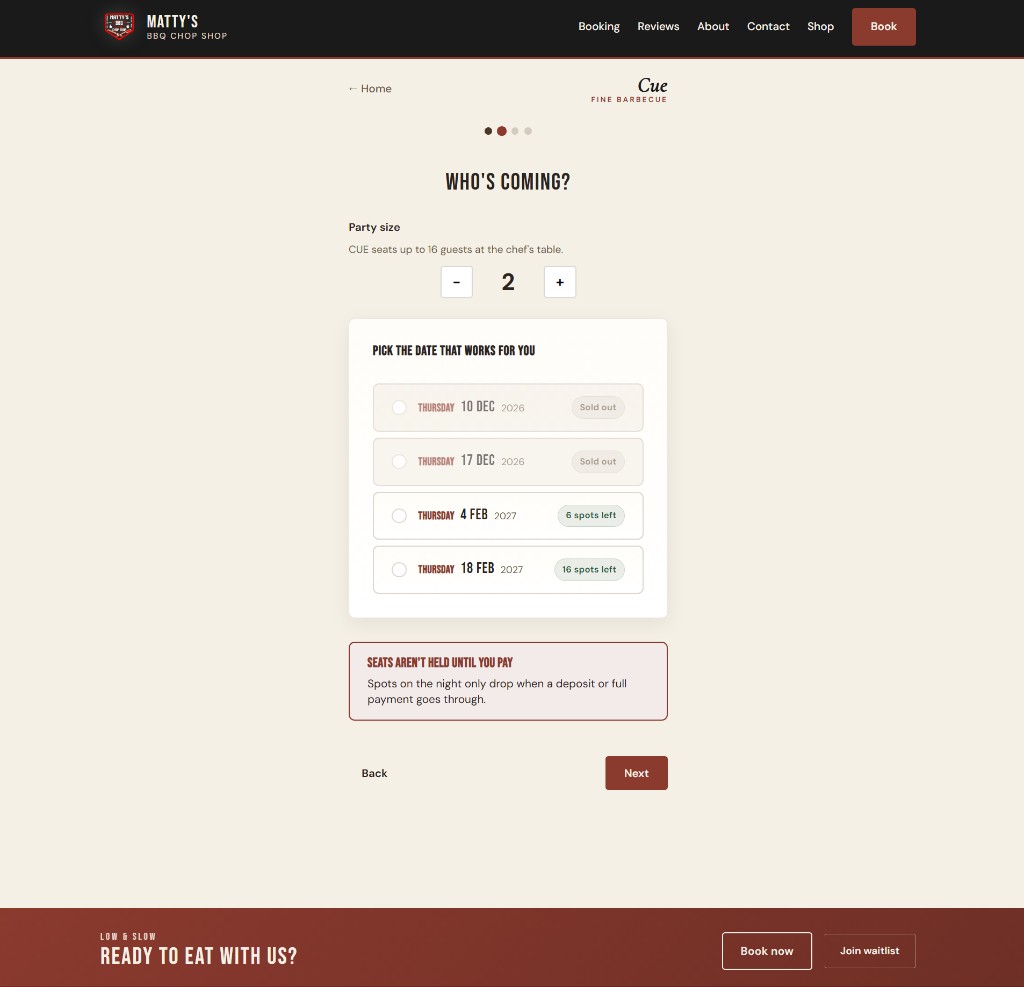 Matty's BBQ live book page with spots left and sold out