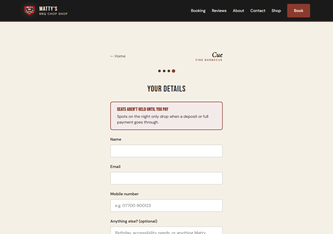 Matty's BBQ booking details step before Stripe checkout