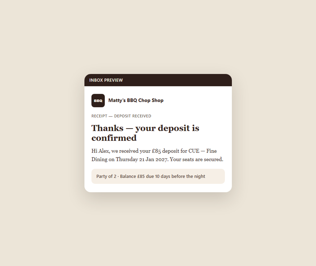Matty's BBQ branded deposit receipt email to the guest