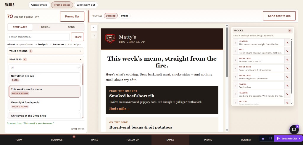 Matty's BBQ promo blast editor with newsletter blocks and live preview