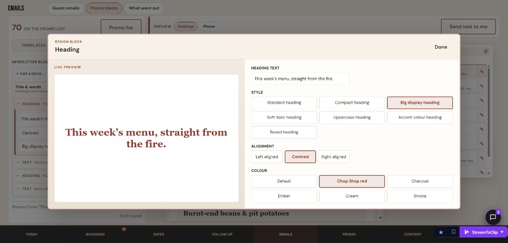 Matty's BBQ promo blast design block editor for headings and colours