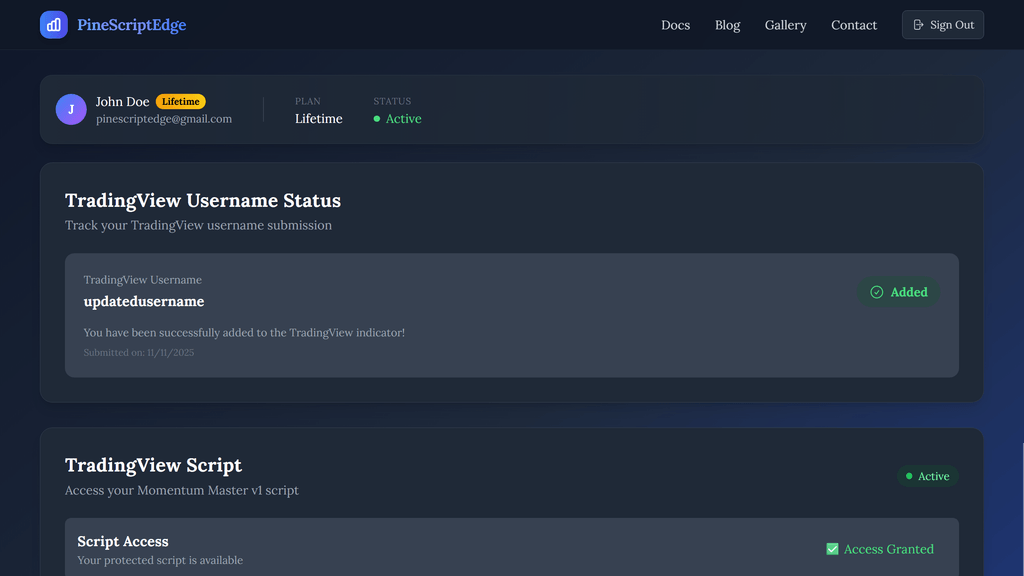PineScriptEdge member dashboard — TradingView username, script access, and documentation