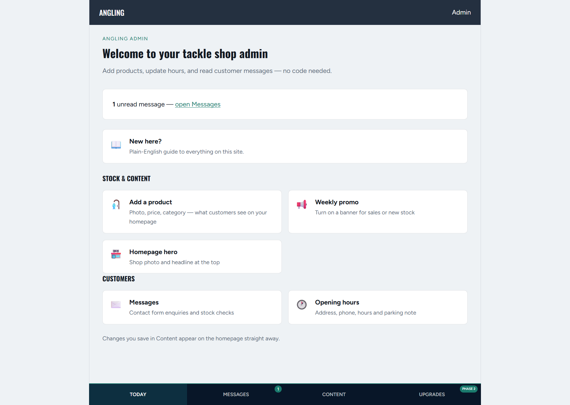 Riverline Angling admin home with shortcuts for products, hours, and messages