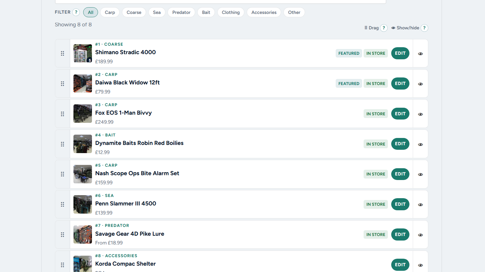 Riverline Angling admin stock list with prices and featured items