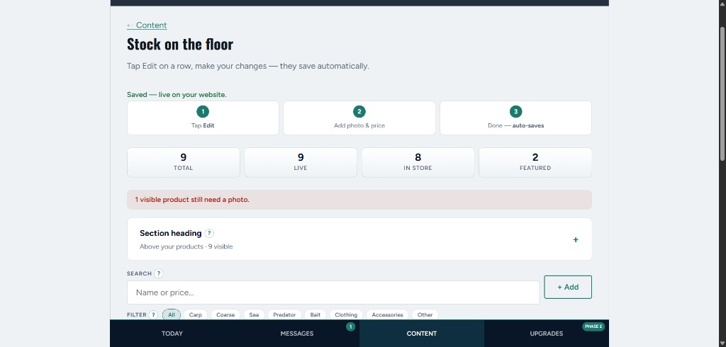 Riverline Angling admin stock hub with live counts