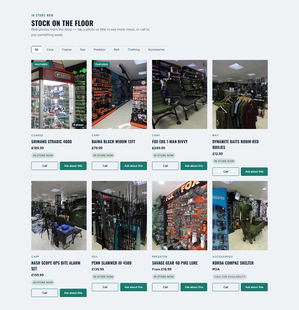 Riverline Angling shop stock page with photos and filters