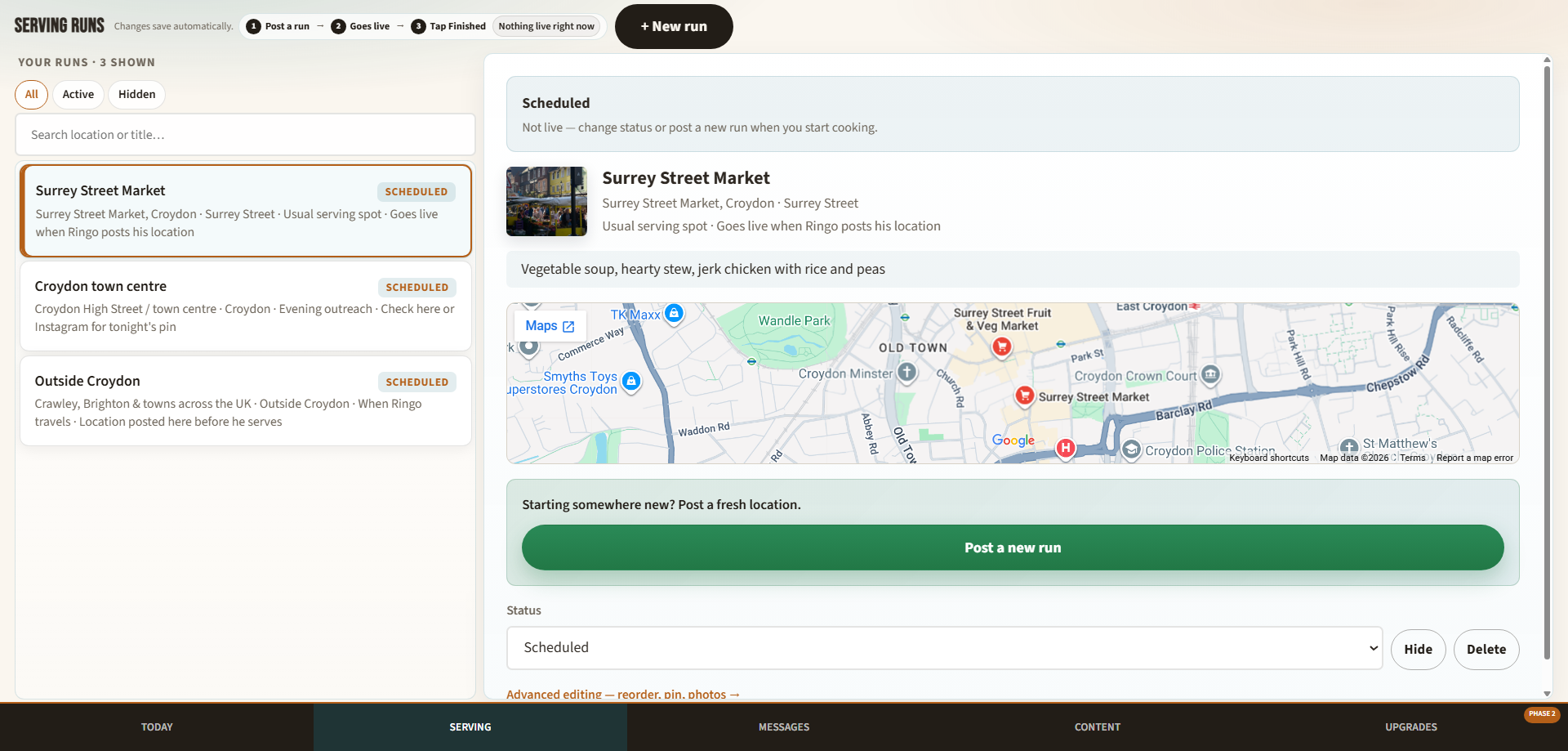 StreetServe admin showing a scheduled serving spot with map and meal details
