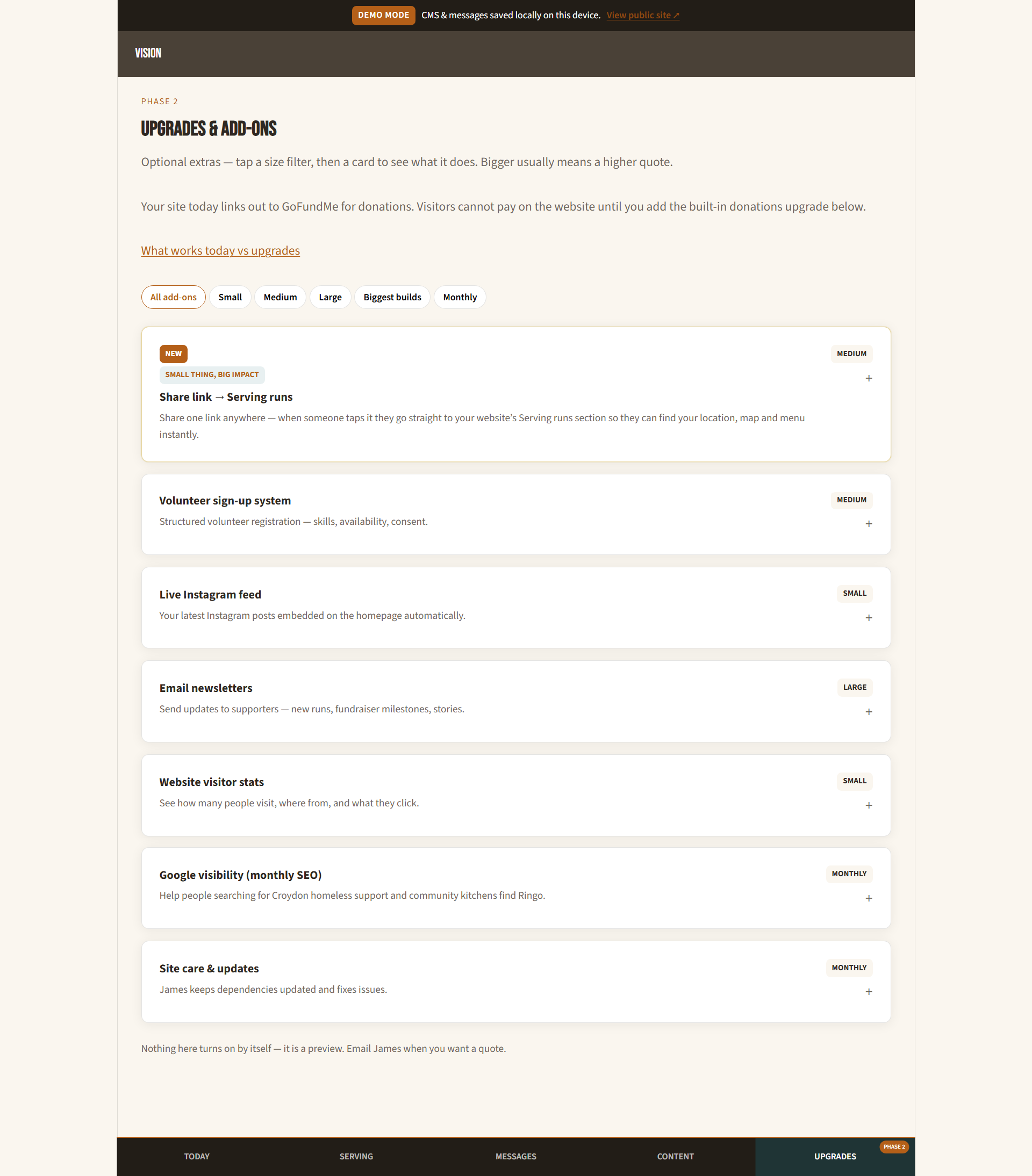 StreetServe admin upgrades list for volunteers, newsletters, and site care