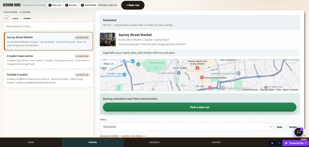 StreetServe admin showing a scheduled serving spot with map, menu, and status