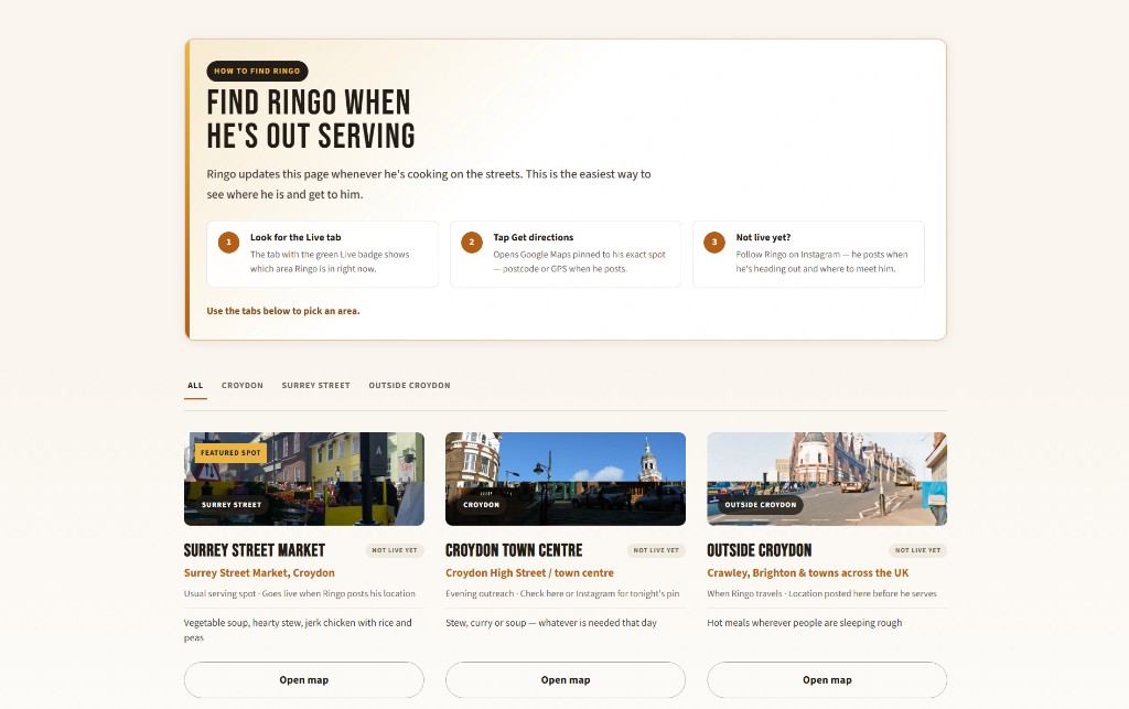 StreetServe public find-Ringo page with serving locations
